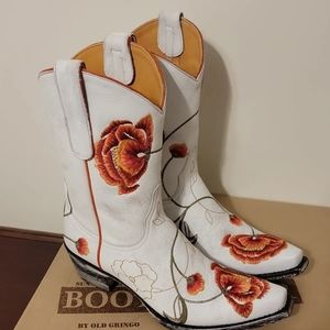 New Vintage Boot Star Western Floral Boots Womens 7.5B white/orange Marsha 10"